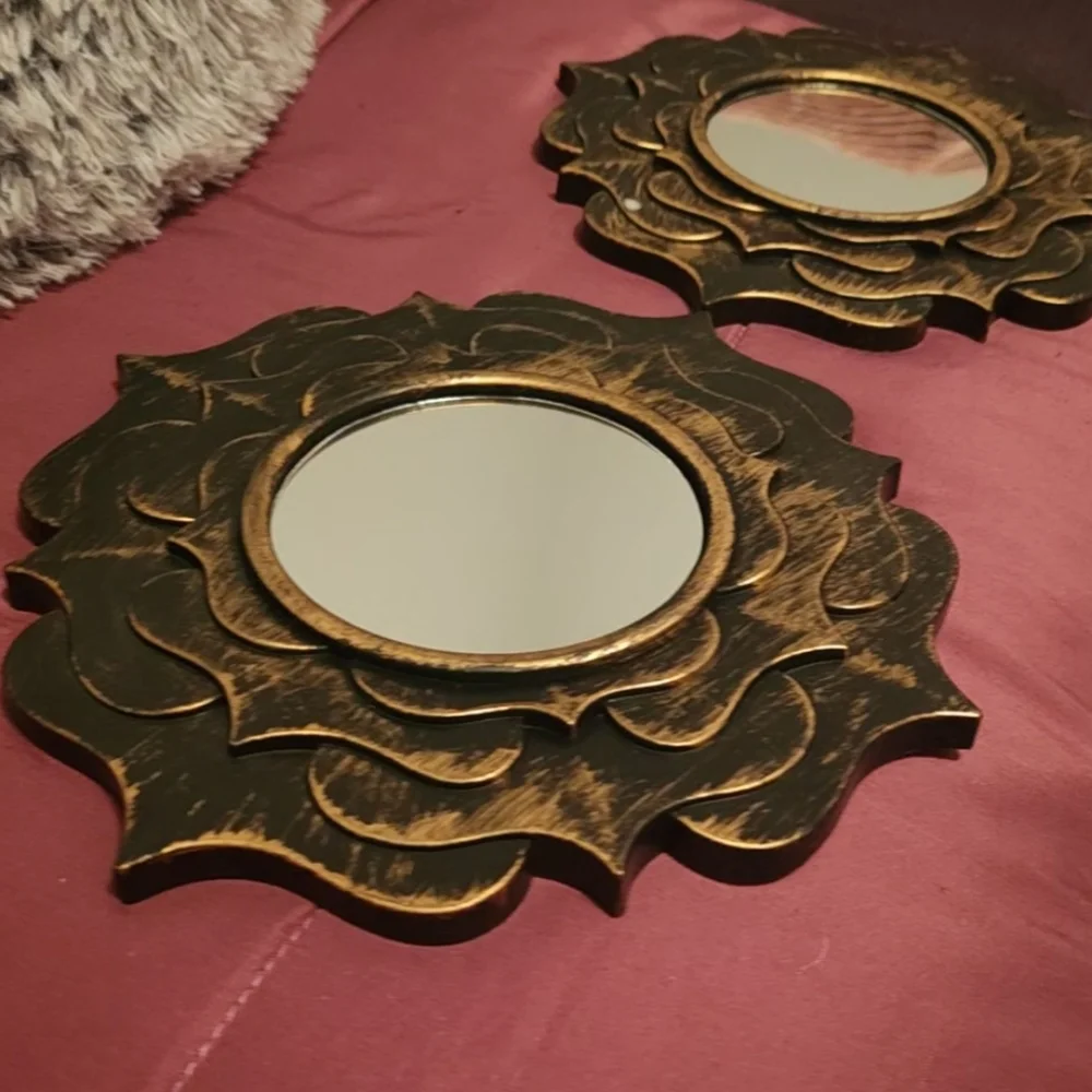 Two Matchinh Rustic Sunburst Gold and Black Decorative Wall Mirrors! 9.5x9.5